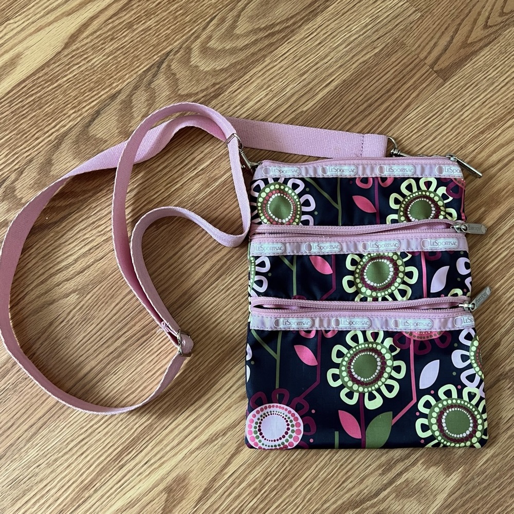 Lesportsac 3 zip adjustable‎ shoulder crossbody brown pink floral bag